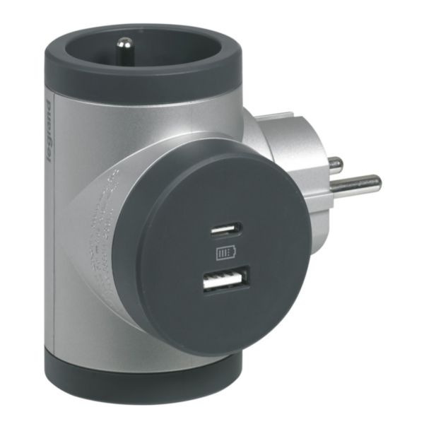 Fiche biplite rotative avec 2 prises latérales avec terre 16A 3680W et prise USB Type-A et Type-C - alu et gris foncé