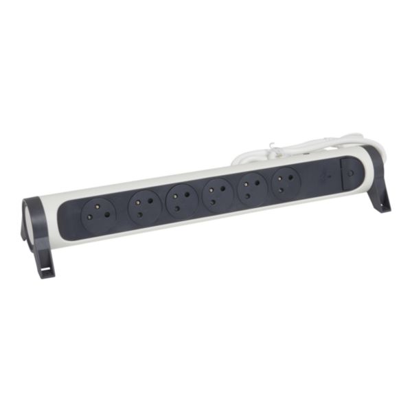 Rallonge multiprise avec bloc rotatif de 6 prises 2P+T Surface , interrupteur , disjoncteur , indicateur de charge - blanc / gris foncé