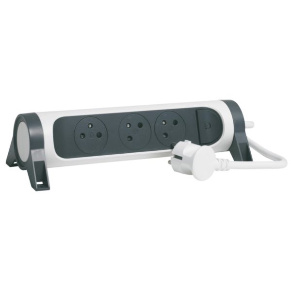 Rallonge multiprise rotative avec 3 prises de courant Surface , interrupteur et cordon 1,5m - blanc et gris foncé