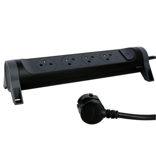 Rallonge multiprise rotative avec 4 prises de courant Surface , interrupteur et cordon 1,5m - noir et gris foncé