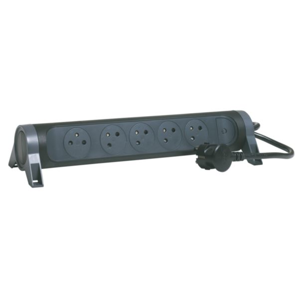 Rallonge multiprise avec bloc rotatif de 5 prises 2P+T Surface , interrupteur et cordon longueur 1,5m - noir et gris foncé