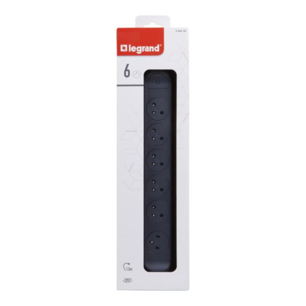 Rallonge multiprise avec bloc rotatif de 6 prises 2P+T Surface , interrupteur et cordon longueur 1,5m - noir et gris foncé