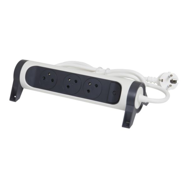 Rallonge multiprise avec bloc rotatif de 3 prises 2P+T Surface , interrupteur et cordon longueur 3m - blanc et gris foncé