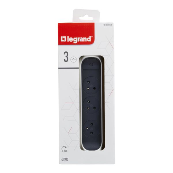 Rallonge multiprise avec bloc rotatif de 3 prises 2P+T Surface , interrupteur et cordon longueur 3m - blanc et gris foncé