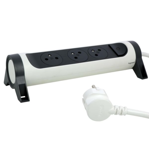 Rallonge multiprise avec bloc rotatif de 3 prises 2P+T Surface , interrupteur et cordon longueur 3m - blanc et gris foncé