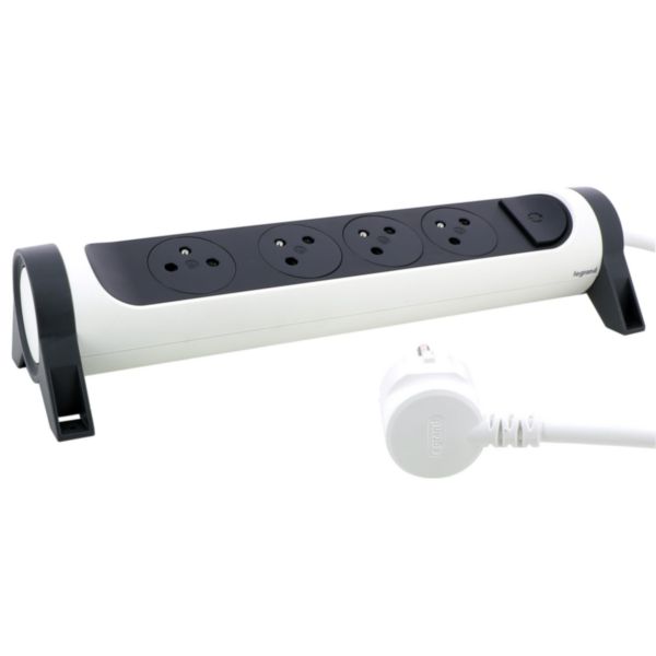Rallonge multiprise rotative avec 4 prises de courant Surface , interrupteur et cordon 3m - blanc et gris foncé