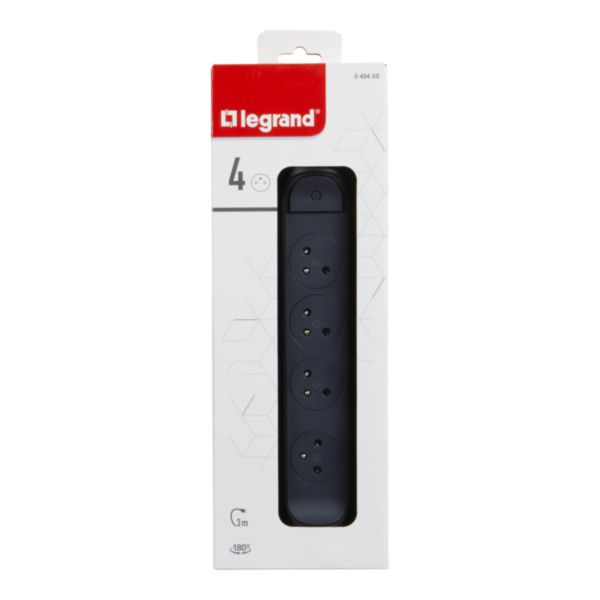 Rallonge multiprise avec bloc rotatif de 4 prises 2P+T Surface , interrupteur et cordon longueur 3m - noir et gris foncé