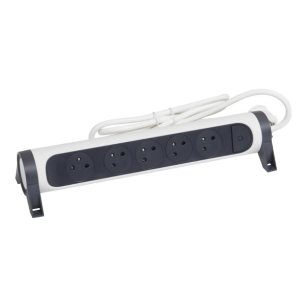 Rallonge multiprise avec bloc rotatif de 5 prises 2P+T Surface , interrupteur et cordon longueur 3m - blanc et gris foncé