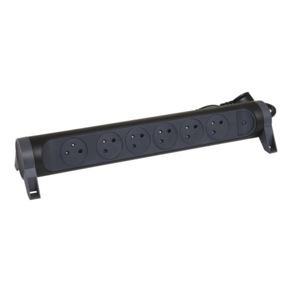 Rallonge multiprise avec bloc rotatif de 6 prises 2P+T Surface , interrupteur et cordon longueur 3m - noir et gris foncé