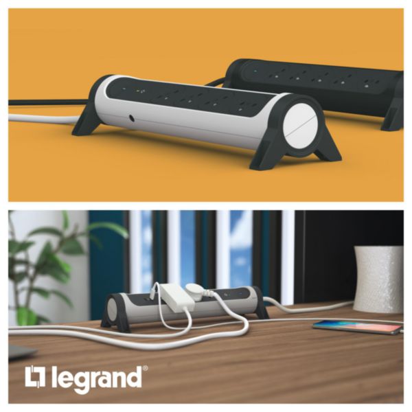 Rallonge multiprise avec bloc rotatif de 6 prises 2P+T Surface , interrupteur et cordon longueur 1,5m - noir et gris foncé