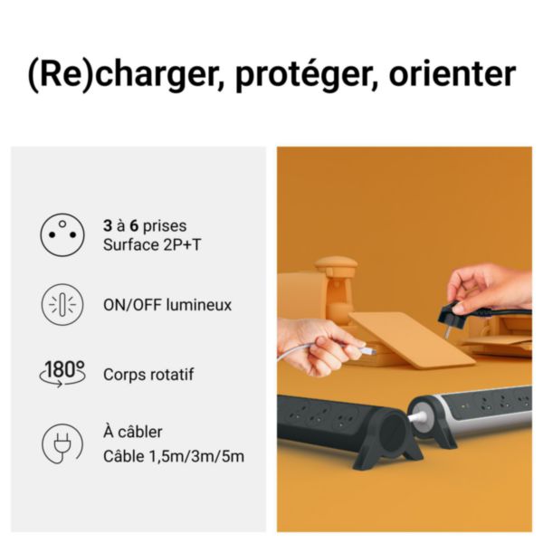 Rallonge multiprise avec bloc rotatif de 6 prises 2P+T Surface , interrupteur et cordon longueur 1,5m - noir et gris foncé