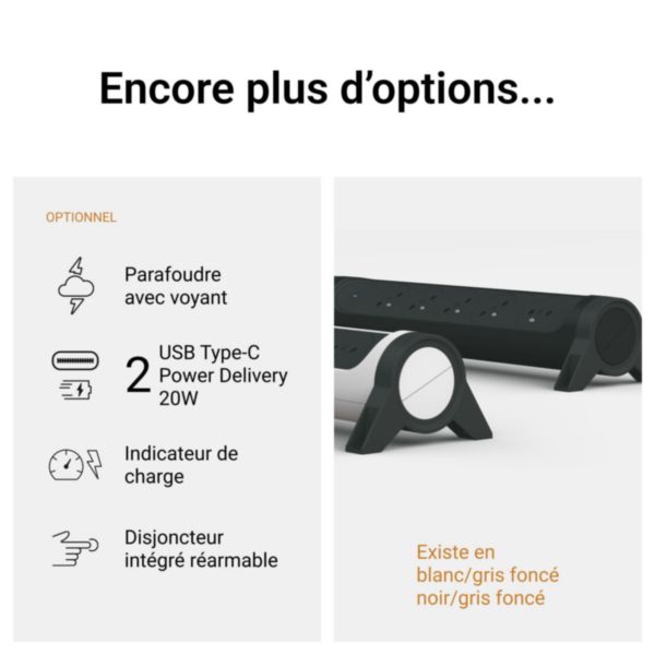 Rallonge multiprise avec bloc rotatif de 6 prises 2P+T Surface , interrupteur et cordon longueur 1,5m - noir et gris foncé