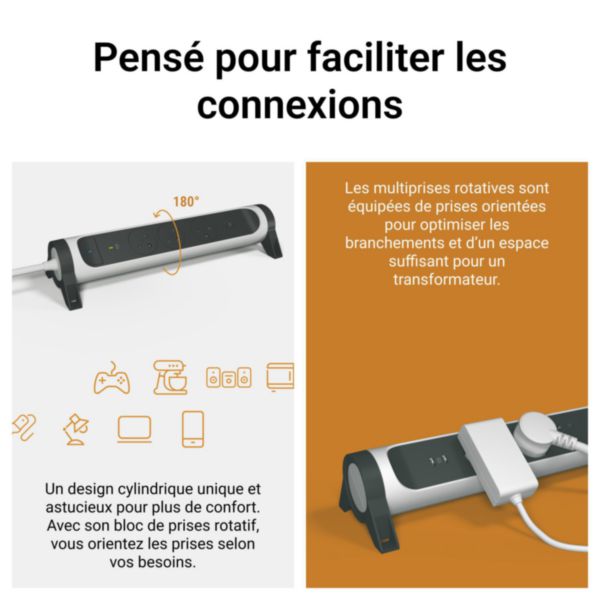 Rallonge multiprise avec bloc rotatif de 6 prises 2P+T Surface , interrupteur et cordon longueur 1,5m - noir et gris foncé