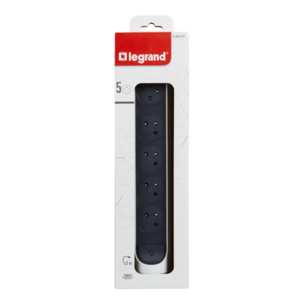 Multiprise avec bloc rotatif de 5 prises 2P+T Surface 16A 230V et interrupteur à câbler - blanc et gris foncé