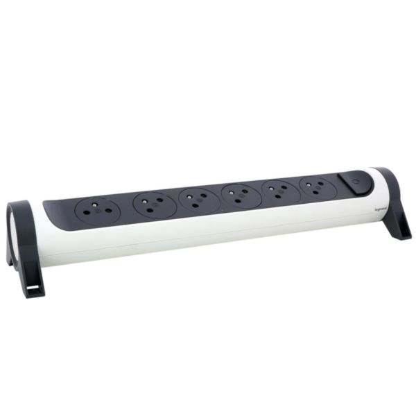 Multiprise avec bloc rotatif de 6 prises 2P+T Surface 16A 230V et interrupteur à câbler - blanc et gris foncé