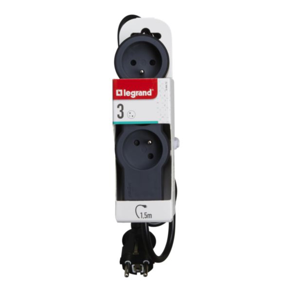 Rallonge multiprise extra-plate équipée de 3 prises 2P+T 16A 3680W avec cordon longueur 1,5m - noir et gris foncé