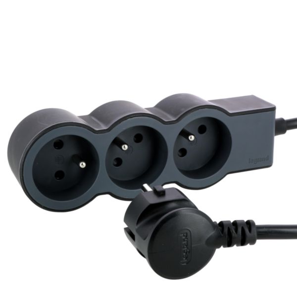 Rallonge multiprise extra-plate équipée de 3 prises 2P+T 16A 3680W avec cordon longueur 1,5m - noir et gris foncé
