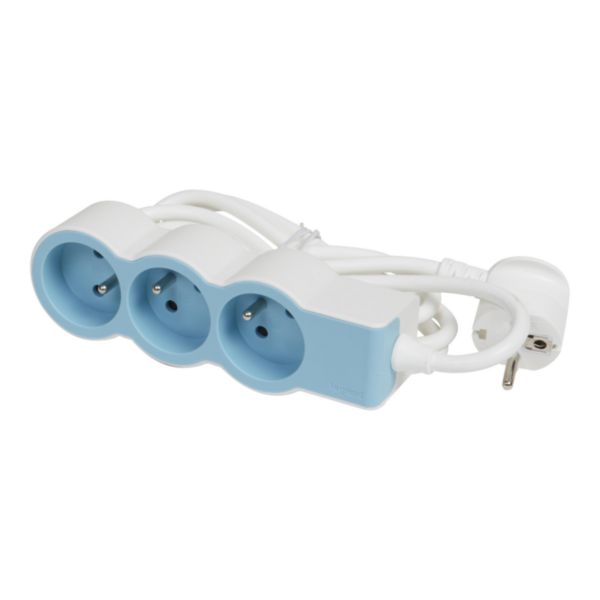 Rallonge multiprise extra-plate équipée de 3 prises 2P+T 16A 3680W avec cordon longueur 1,5m - blanc et bleu