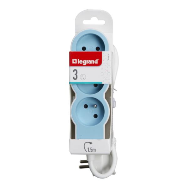 Rallonge multiprise extra-plate équipée de 3 prises 2P+T 16A 3680W avec cordon longueur 1,5m - blanc et bleu