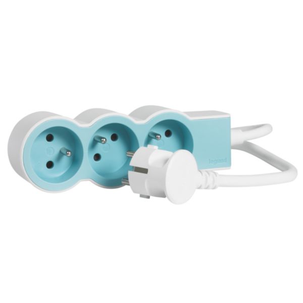 049474 Rallonge multiprise extra-plate équipée de 3 prises 2P+T 16A 3680W  avec cordon longueur 1,5m - blanc et bleu - professionnel