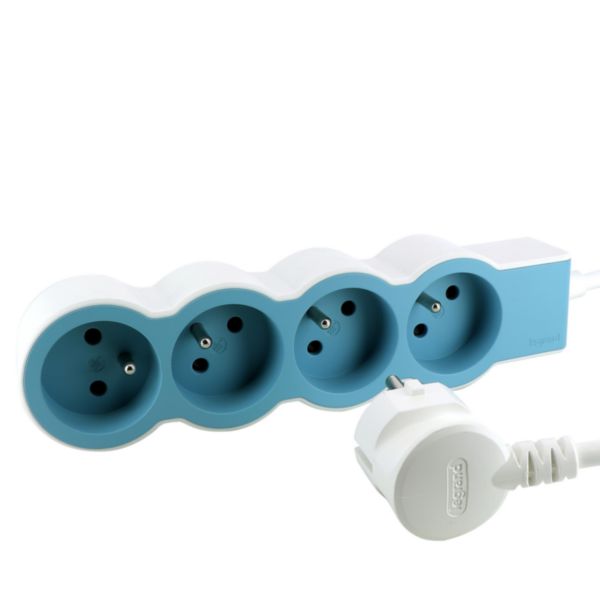 Rallonge multiprise extra-plate équipée de 4 prises 2P+T 16A 3680W avec cordon longueur 1,5m - blanc et bleu