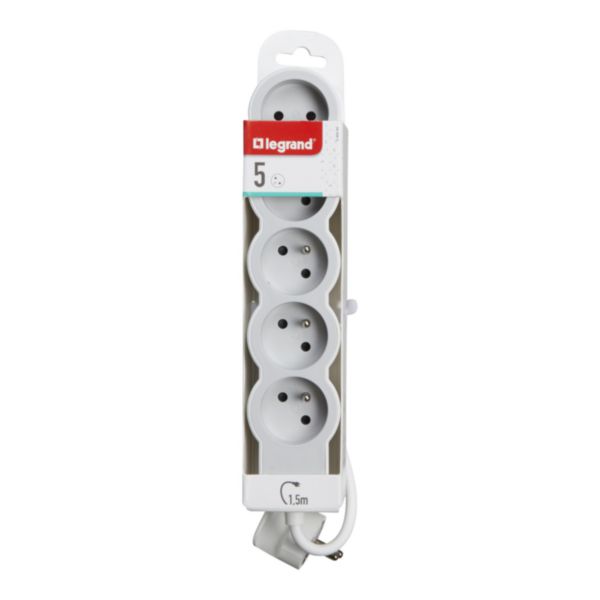 Rallonge multiprise extra-plate équipée de 5 prises 2P+T 16A 3680W avec cordon longueur 1,5m - blanc et gris clair