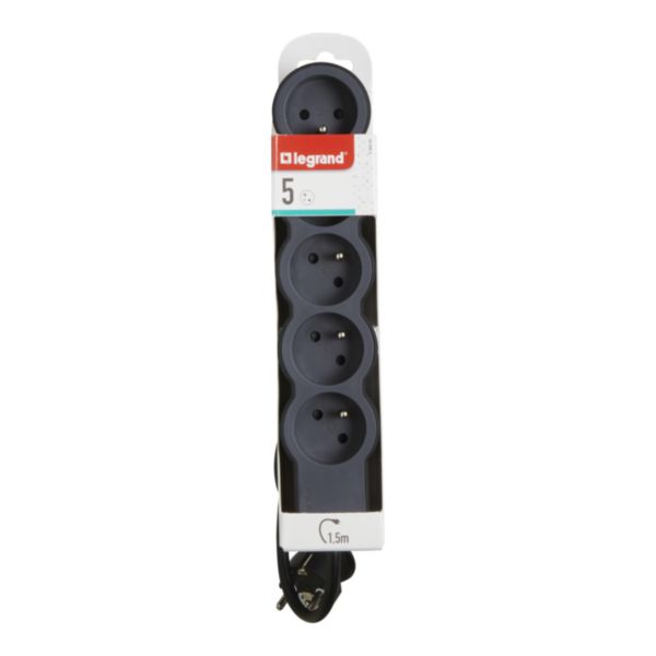 Rallonge multiprise extra-plate équipée de 5 prises 2P+T 16A 3680W avec cordon longueur 1,5m - noir et gris foncé