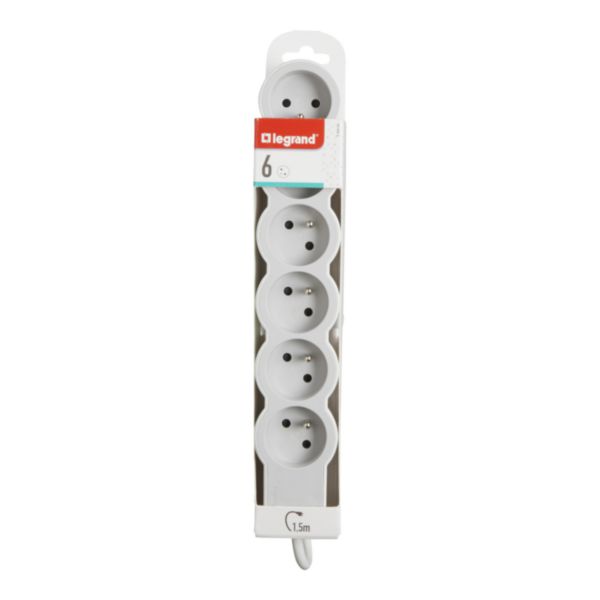 Rallonge multiprise extra-plate équipée de 6 prises 2P+T 16A 3680W avec cordon longueur 1,5m - blanc et gris clair