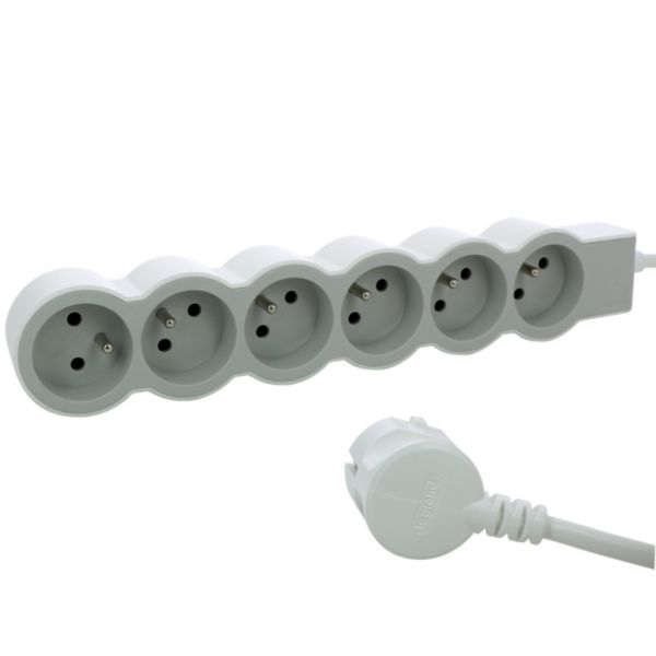 Rallonge multiprise extra-plate équipée de 6 prises 2P+T 16A 3680W avec cordon longueur 1,5m - blanc et gris clair