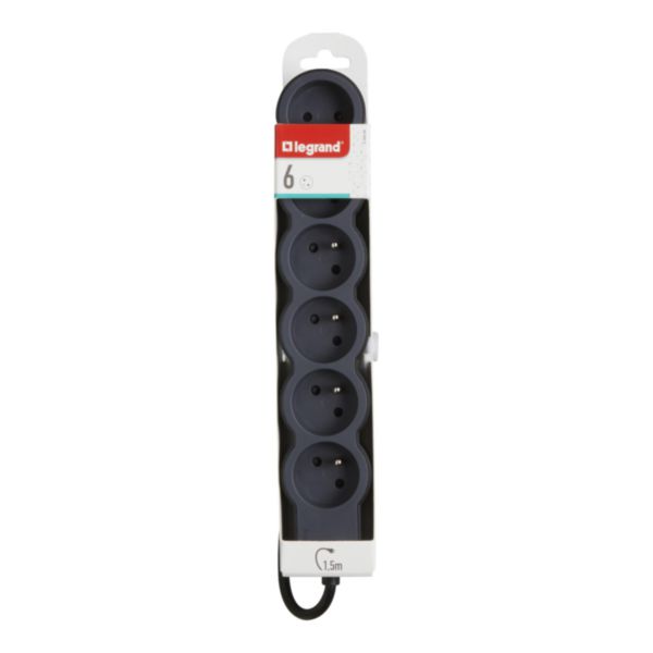 Rallonge multiprise extra-plate équipée de 6 prises 2P+T 16A 3680W avec cordon longueur 1,5m - noir et gris foncé