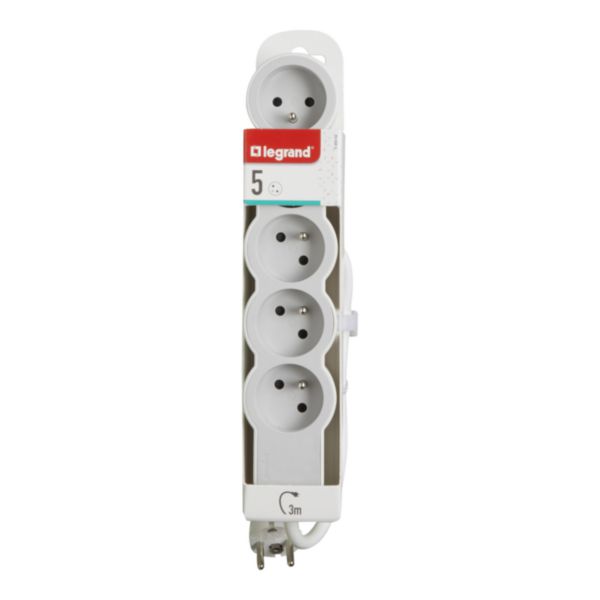 Rallonge multiprise extra-plate équipée de 5 prises 2P+T 16A 3680W avec cordon longueur 3m - blanc et gris clair