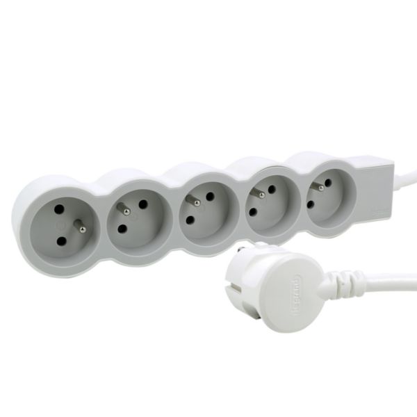 Rallonge multiprise extra-plate équipée de 5 prises 2P+T 16A 3680W avec cordon longueur 3m - blanc et gris clair