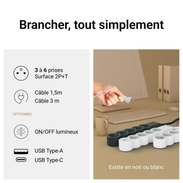 Rallonge multiprise 3 prises avec interrupteur avec cordon 3m - Blanc