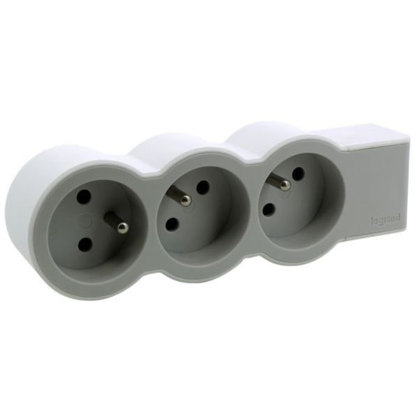 Multiprise extra-plate avec 3 prises de courant avec terre sans cordon , à câbler - blanc et gris clair
