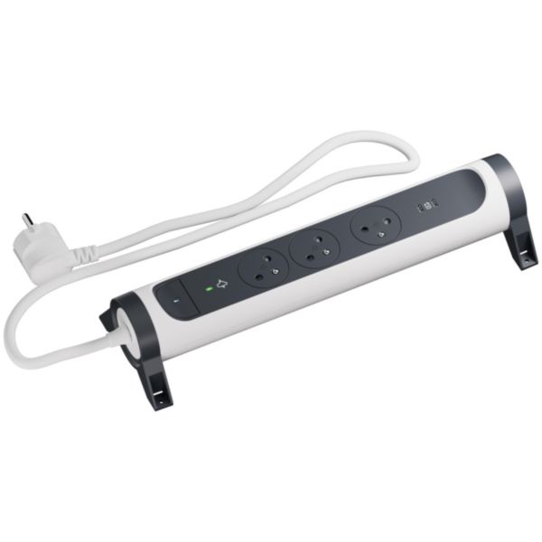 Rallonge multiprise avec bloc rotatif 3x2P+T Surface 16A 230V-3680W + 2 prises USB C 4A 5V-20W - Blanc/Noir