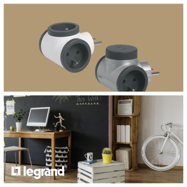 Fiche triplite avec 3 prises 2P+T latérales 16A 3680W - alu et gris foncé