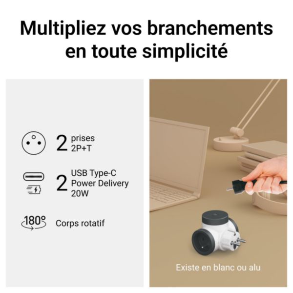 Fiche multiprise 2x2P+T latérales 16A 230V-3680W et 2 USB Type C 20W - Blanc/Noir
