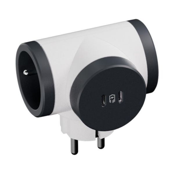 Fiche multiprise 2x 2 P+T latérales rotatives 16A 230V-3680W - Blanc/Noir