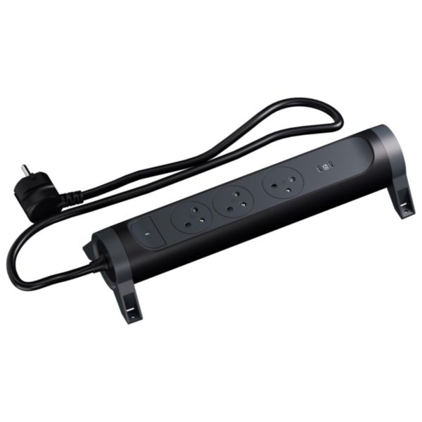 Rallonge multiprise 3 x 2P+T Surface 16A 230V-3680W + double prise USB C - cordon 1,5m - Noir