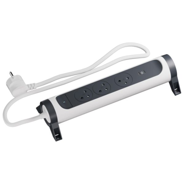 Rallonge multiprise 3 x 2P+T Surface 16A 230V-3680W + double prise USB C - cordon 1,5m - Blanc/Noir