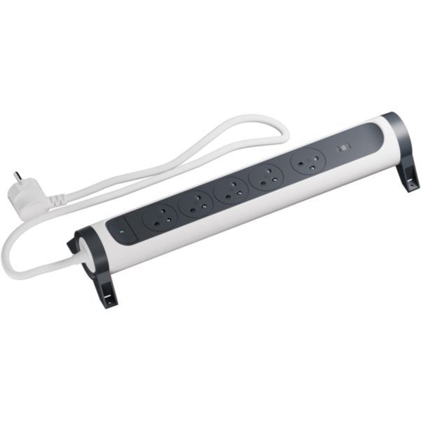 Rallonge multiprise 5 x 2P+T Surface 16A 230V-3680W + double prise USB C - cordon 1,5m - Blanc/Noir