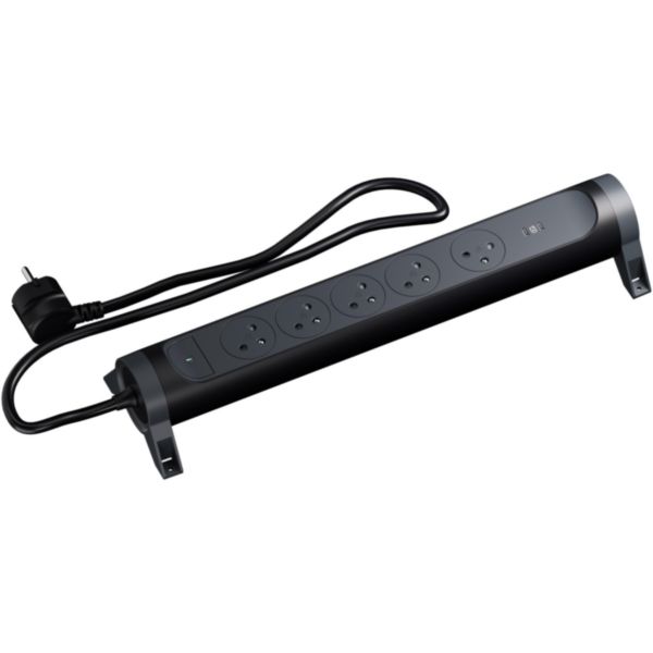 Rallonge multiprise 5 x 2P+T Surface 16A 230V-3680W + double prise USB C - cordon 1,5m - Noir