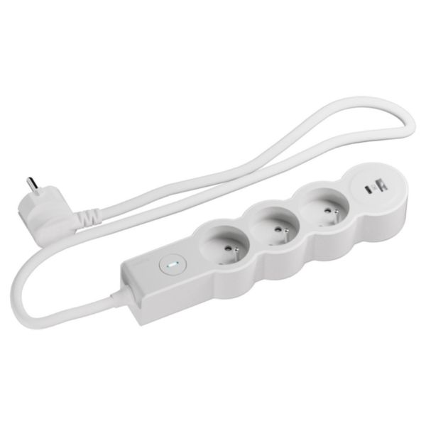 Rallonge multiprise 3 x 2P+T 16A 230V-3680W + prise USB A/C - avec interrupteur ON/OFF - cordon 1,5m - Blanc