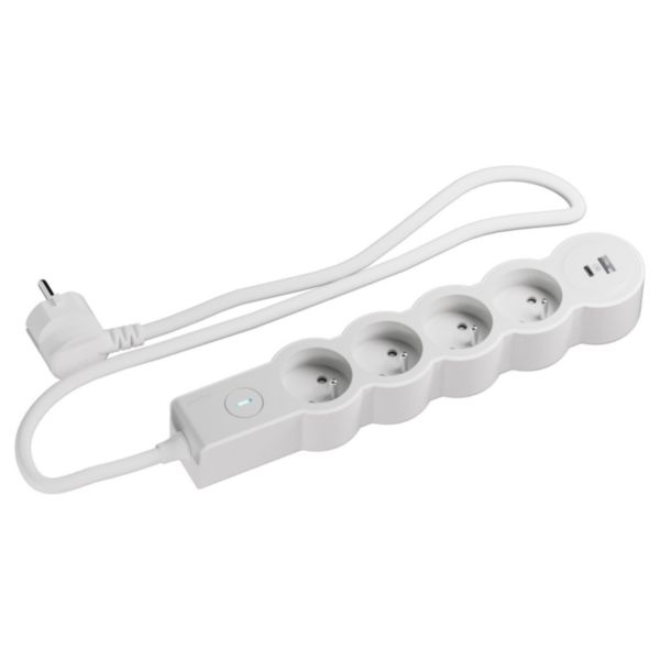 Rallonge multiprise 4 x 2P+T 16A 230V-3680W + prise USB A/C - avec interrupteur ON/OFF - cordon 1,5m - Blanc