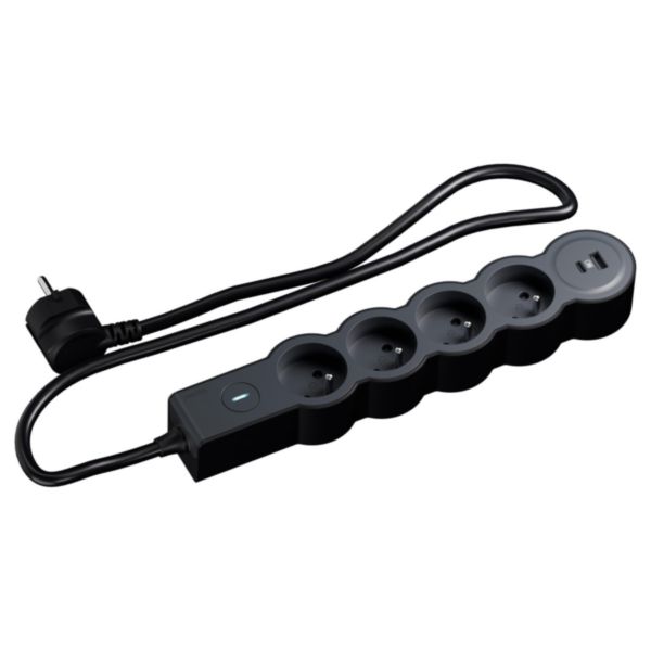 Rallonge multiprise 4 x 2P+T 16A 230V-3680W+ prise USB A/C - avec interrupteur ON/OFF - cordon 1,5m - Noir