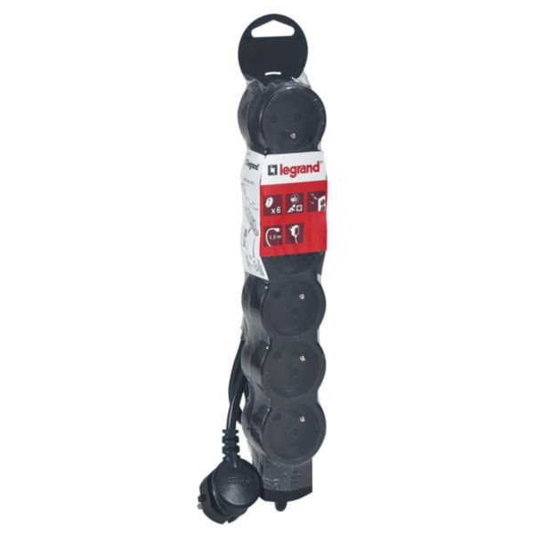 Rallonge multiprise 6 prises de courant 2P+T 16A 230V avec cordon 1,5m - noir