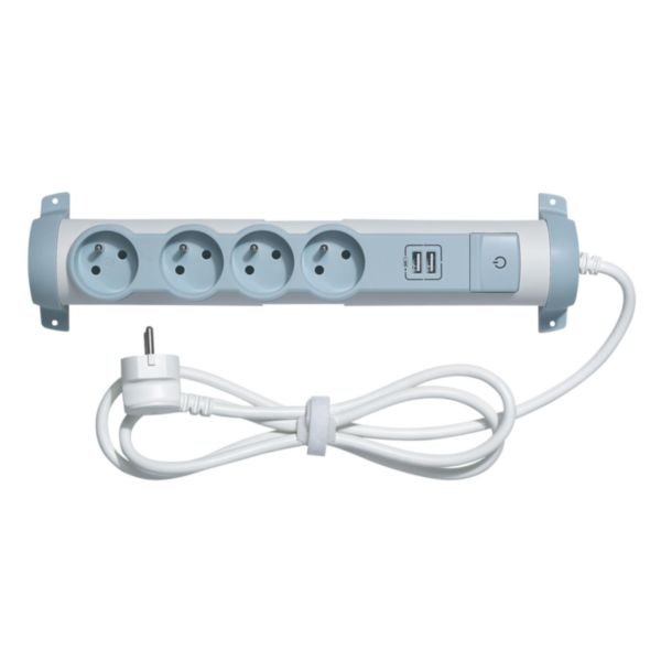 Rallonge multiprise confort et sécurité - parafoudre - 4 prises de courant + 2 chargeurs USB - Blanc/Gris