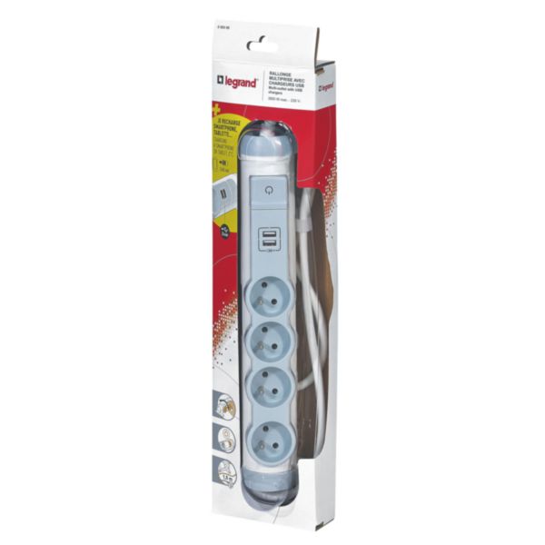 Rallonge multiprise confort et sécurité - parafoudre - 4 prises de courant + 2 chargeurs USB - Blanc/Gris