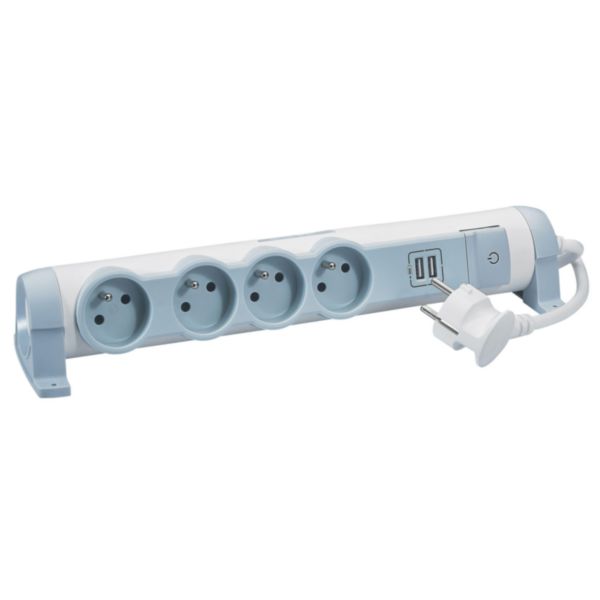 Rallonge multiprise confort et sécurité - parafoudre - 4 prises de courant + 2 chargeurs USB - Blanc/Gris