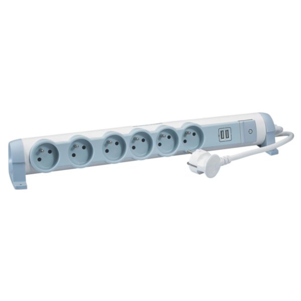 Rallonge multiprise 6 prises de courant 2P+T 16A 230V + 2 modules de charge USB 2,4A - blanc et gris